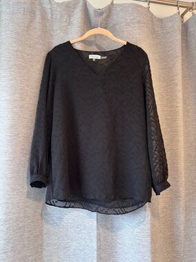 Calvin Klein Black Semi-Sheer Textured V-Neck Blouse